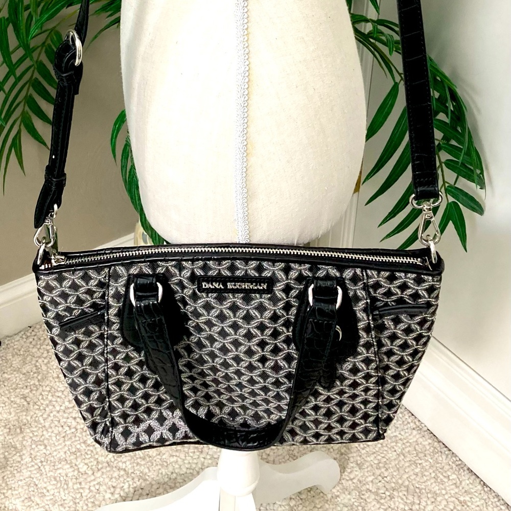Dana Buchman NWOT Black & Silver Pattern Shoulder Strap & Hand Bag Purse 14 x 9”